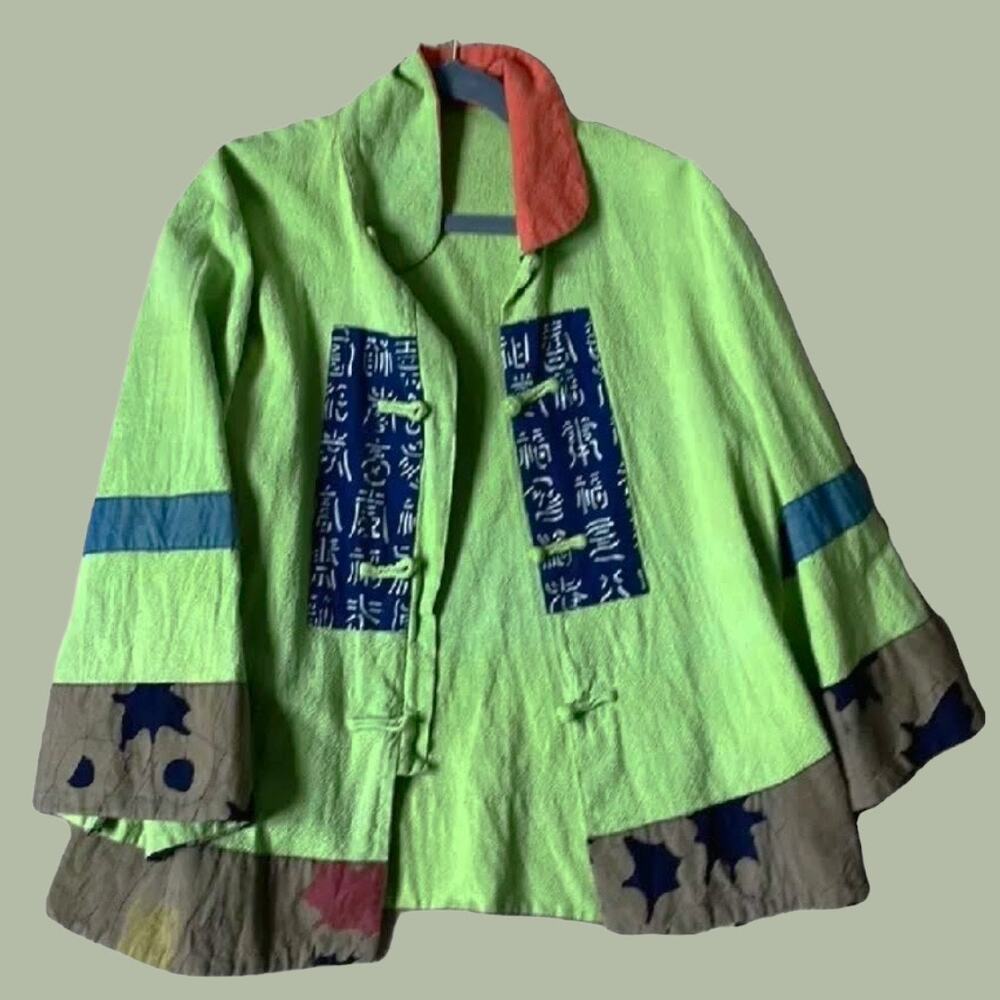 Vintage Mandarin Collar Green Cotton Blend Cardigan Jacket. Abstract prints